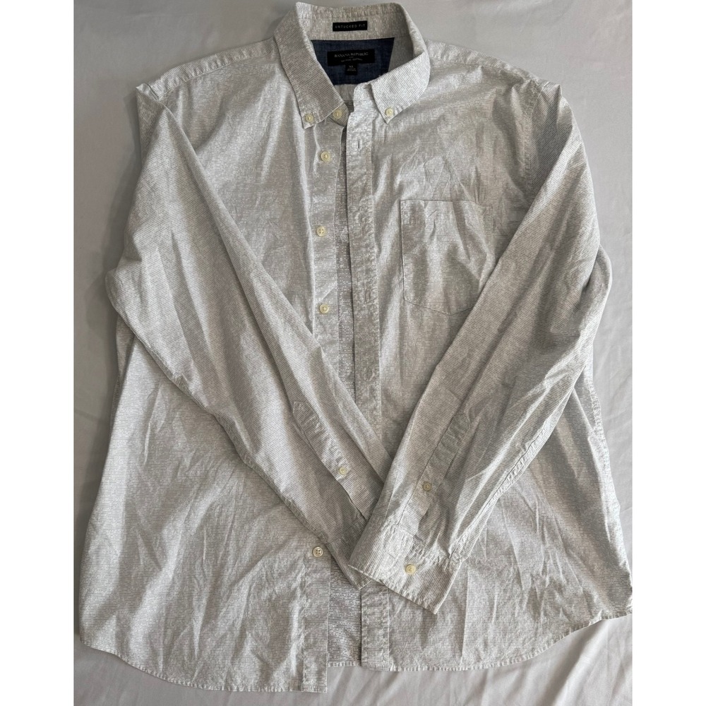 Banana Republic Mens XL Untucked Fit Organic Cotton Shirt Grey White Stripe L/S